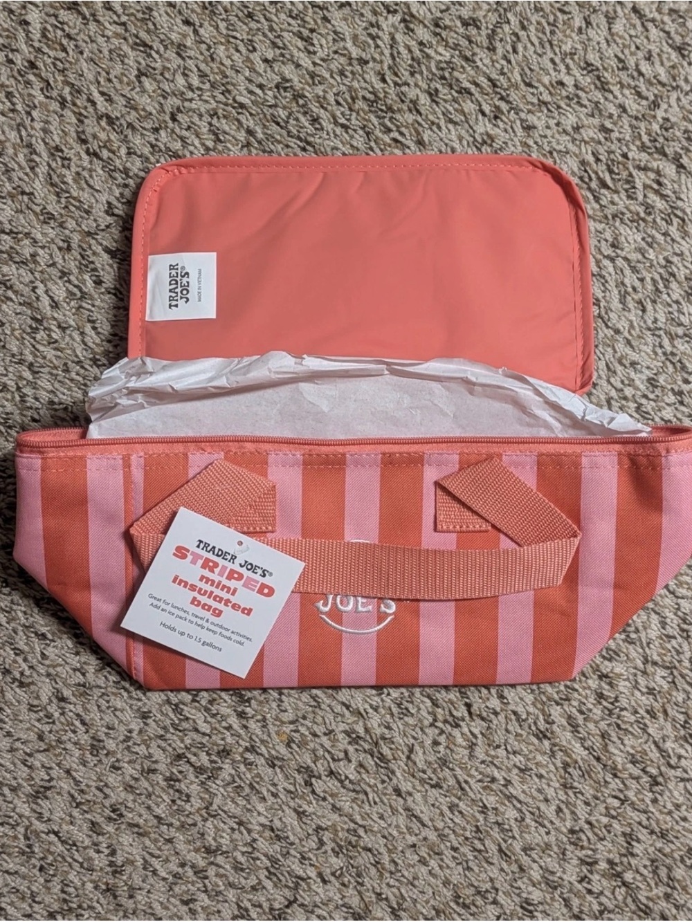 Brand New Trader Joe's Bag Mini Insulated Tote Bag Pink & Striped with tags